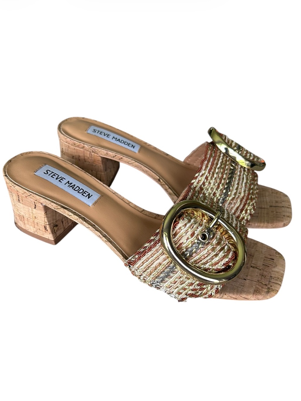 Steve Madden Seacrest Gold Multi Raffia Cork Block Heel Sandals Excellent 6.5 - Picture 3 of 10